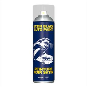 500ml satin black automotive paint in canister with blue and white label with yellow writing