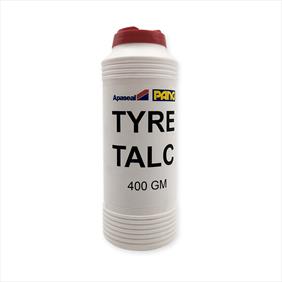 Tyre talcum powder in a white container with red lid