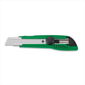 Retractable knife with locking wheel in a green casing