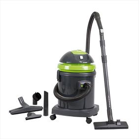 Wet and dry vacuum cleaner in grey and green with additional utensils for cleaning