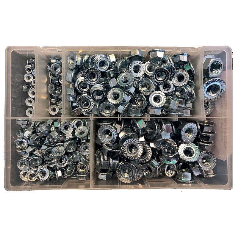 Asstd Flanged Steel Nuts M4 - M12 Box350pc
